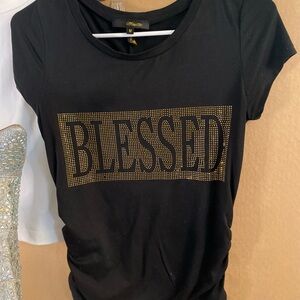"BLESSED" Gold Rhinestone Short Sleeve Shirt, Black and Gold, Drawstring sides